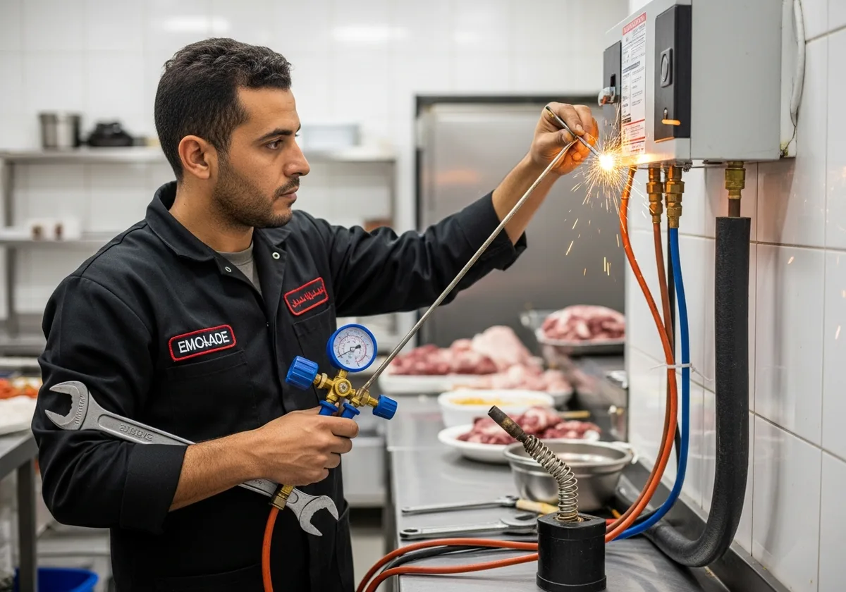 Technicien réparant chambre froide industrielle à Rabat — restaurant, boucherie, urgence 24h, compresseur frigorifique commercial