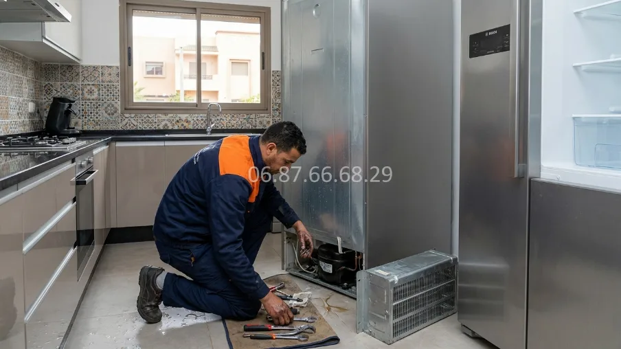 Technicien réparant le compresseur d'un réfrigérateur Bosch à Rabat — cuisine moderne