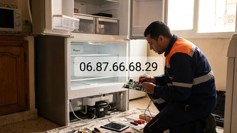 Technicien réparant la carte électronique d'un réfrigérateur Whirlpool à Rabat
